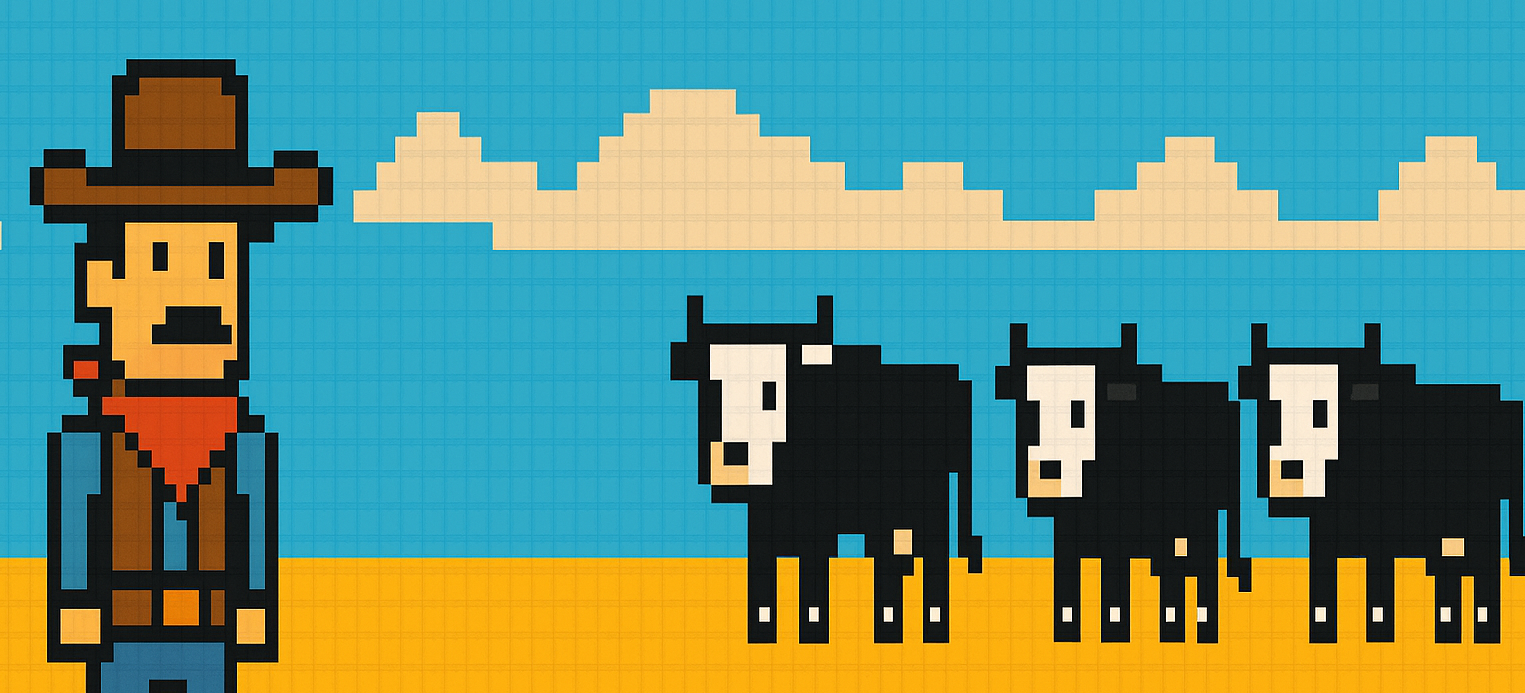Pixel cowboy and cattle art for Ranch DAO